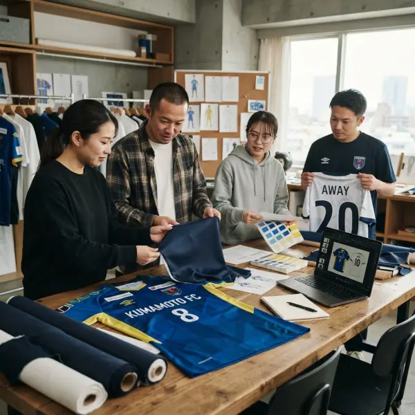 Tim apparel mengevaluasi desain jersey home dan jersey away sebelum diproduksi