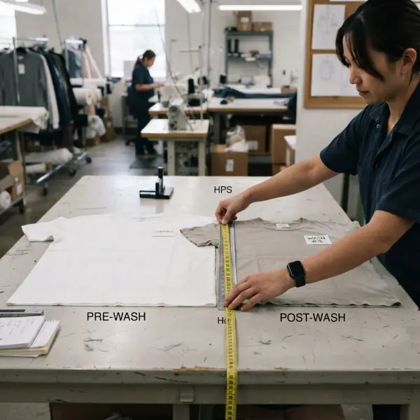 Apparel technician comparing garment measurements before and after washing