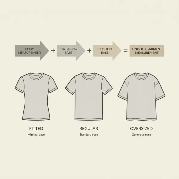 Framework explaining body measurement, wearing ease, design ease, and finished garment measurement