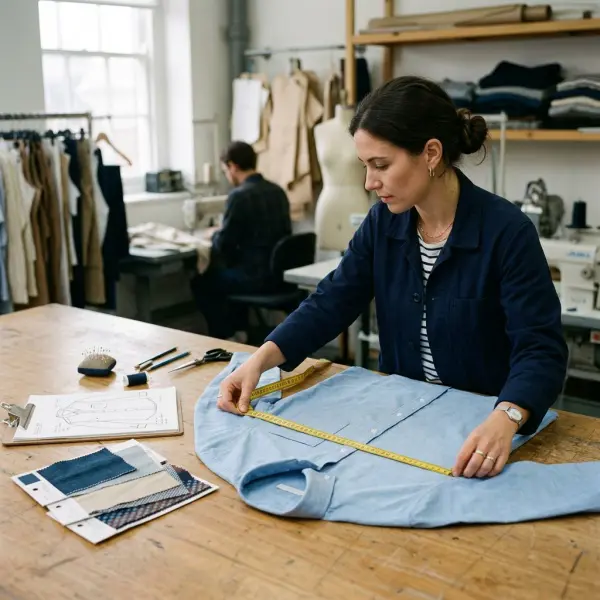 Apparel technical designer measuring a finished shirt on a flat worktable
