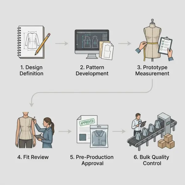 Apparel measurement workflow from design and pattern making to samples and production quality control