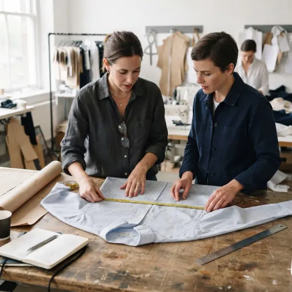 Apparel technicians comparing different garment measurement results on the same shirt
