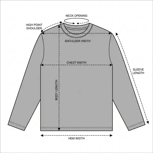 Key points of measure on a flat apparel top including chest, shoulder, sleeve, and body length