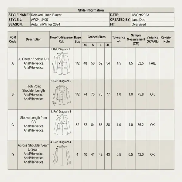 Main components of a garment size specification sheet including POM, sizes, grades, tolerances, and sample results