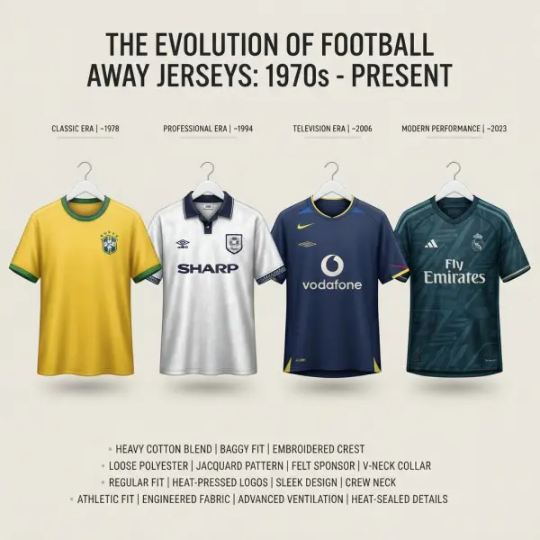 Perbandingan desain jersey away dari berbagai era perkembangan sepak bola