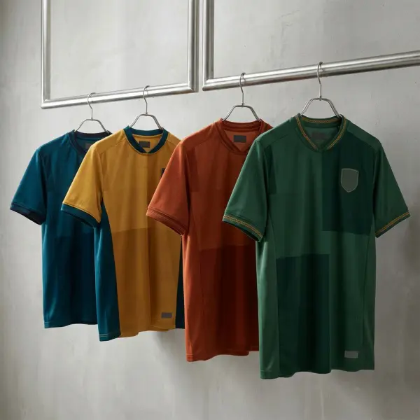 Koleksi jersey away sepak bola dengan warna kontras di showroom apparel olahraga
