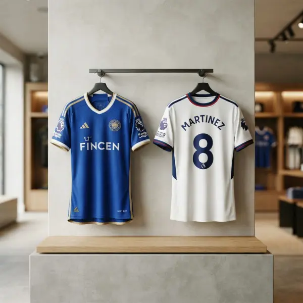 Jersey home dan jersey away sepak bola dipajang berdampingan untuk menunjukkan perbedaan warna dan desain