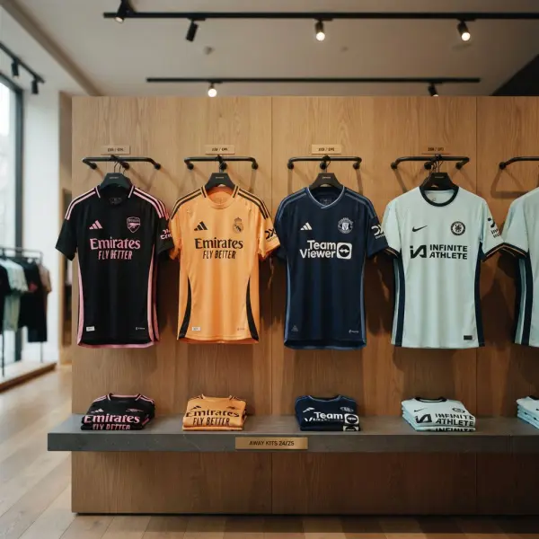 Koleksi jersey away modern dipajang sebagai merchandise resmi klub sepak bola