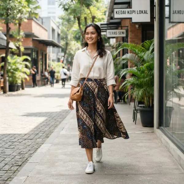 Perempuan mengenakan rok batik kekinian untuk gaya casual modern