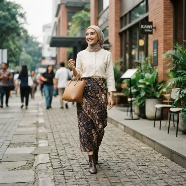 Perempuan berhijab mengenakan rok batik modern dengan atasan polos