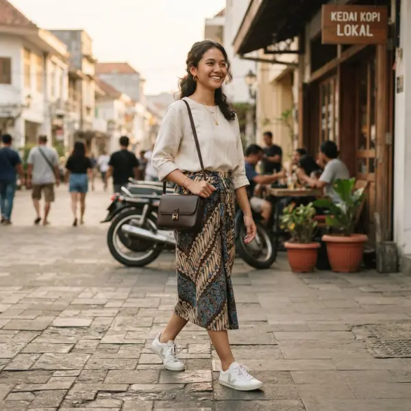 Gaya modern menggunakan rok batik dengan atasan polos dan aksesori minimalis