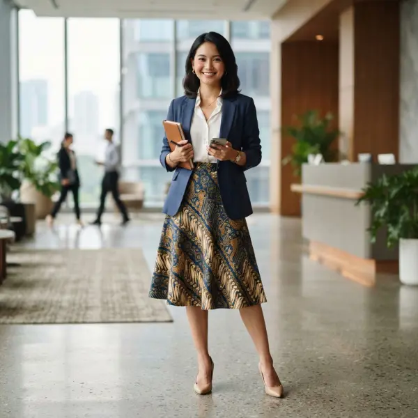 Inspirasi outfit semi formal menggunakan rok batik modern