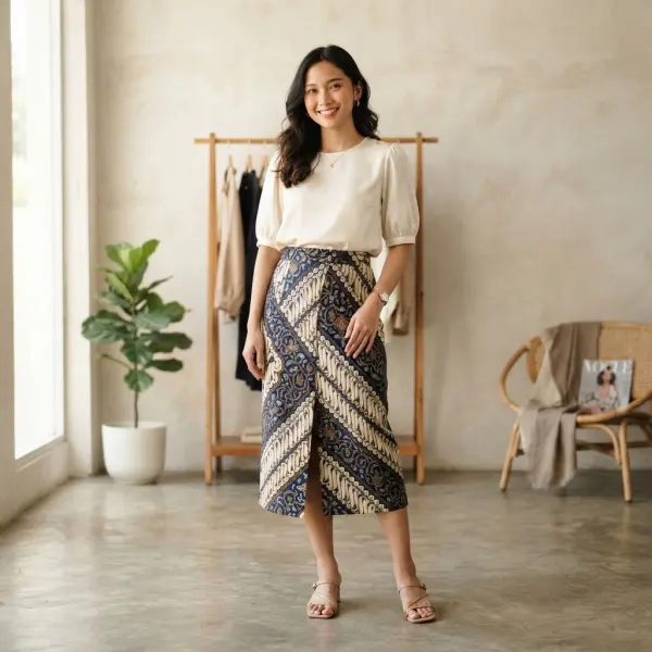 Perempuan memadukan rok batik modern dengan blouse polos berwarna netral
