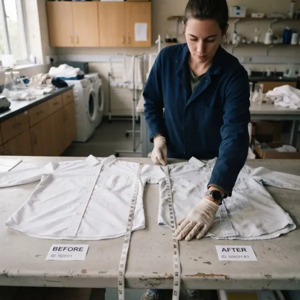 Technician comparing garment dimensions before and after washing