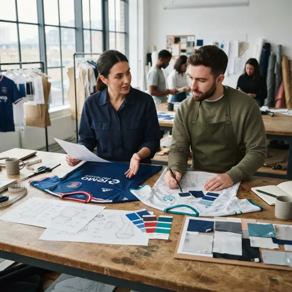 Desainer apparel olahraga membandingkan konsep jersey home dan jersey away sebelum proses produksi