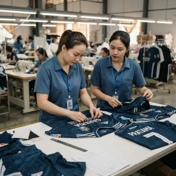 Pemeriksaan kualitas jersey away sebelum memasuki tahap produksi massal