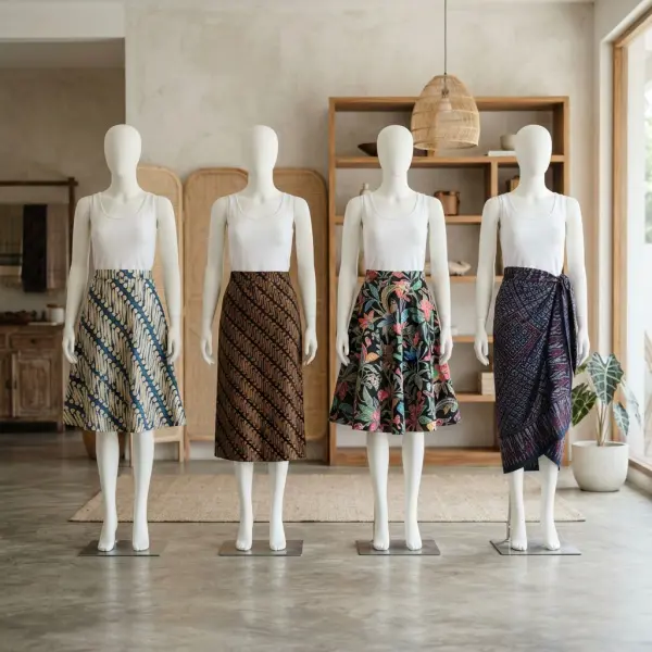Berbagai siluet rok batik modern seperti A-line, midi, flare, dan wrap skirt
