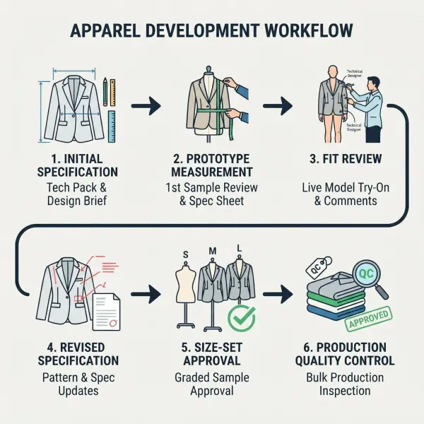 Size specification workflow from initial measurements to production approval