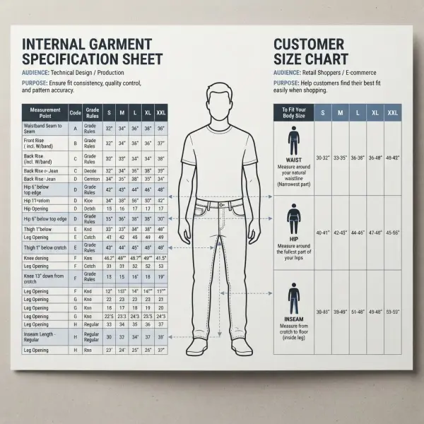Comparison between an internal garment size specification sheet and a customer-facing size chart