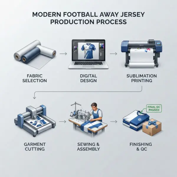 Proses produksi modern jersey away menggunakan teknologi apparel terkini
