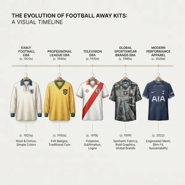 Ilustrasi perkembangan jersey away sepak bola dari era awal hingga era modern
