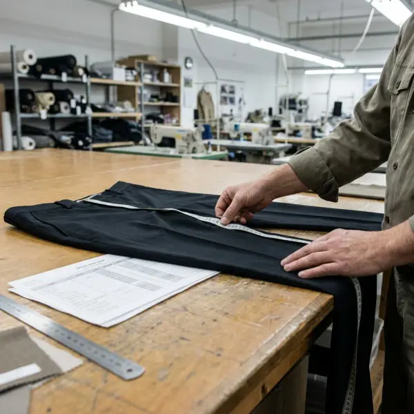 Quality control technician measuring the rise and inseam of finished trousers