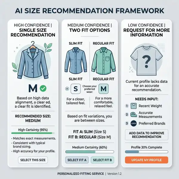 High and low confidence outcomes in AI clothing size recommendations High and low confidence outcomes in AI clothing size recommendations