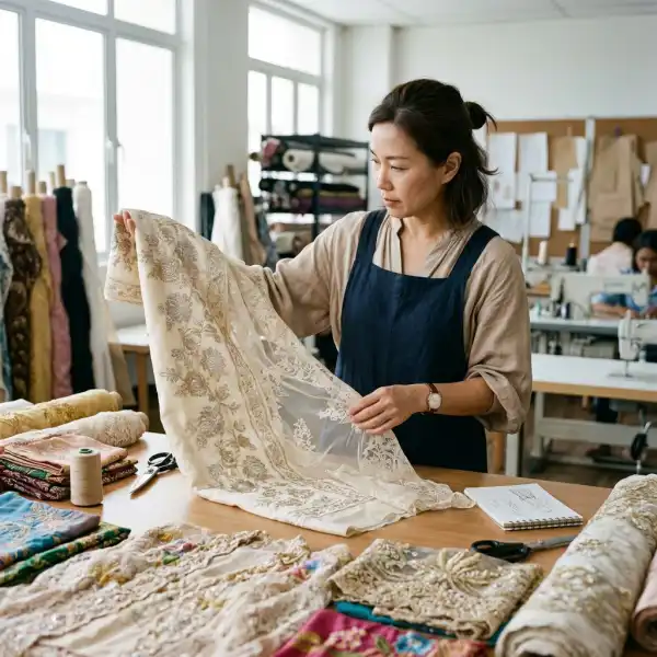 Pemeriksaan karakteristik bahan kebaya di meja inspeksi tekstil Pemeriksaan karakteristik bahan kebaya di meja inspeksi tekstil