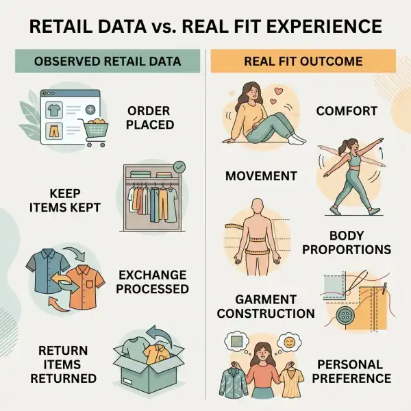 Difference between fashion purchase data and actual garment fit Difference between fashion purchase data and actual garment fit