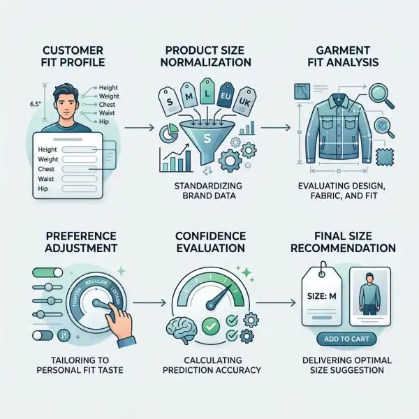 Workflow showing how fashion size recommendation technology generates a suggested size