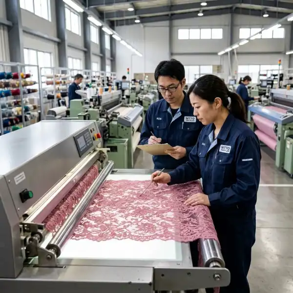 Proses inspeksi kain kebaya setelah finishing tekstil