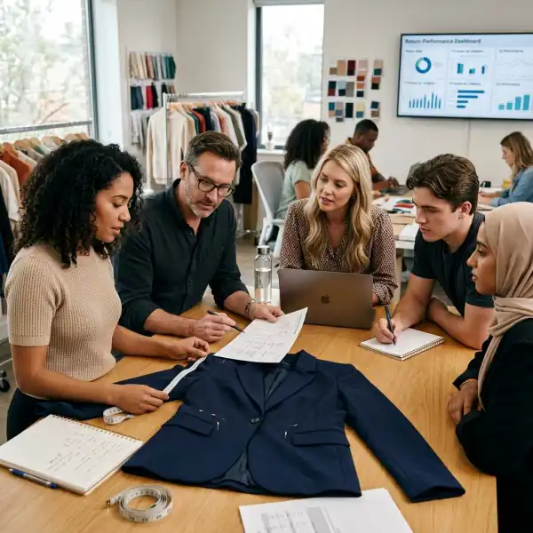 Fashion ecommerce team reviewing fit recommendation and return data Fashion ecommerce team reviewing fit recommendation and return data