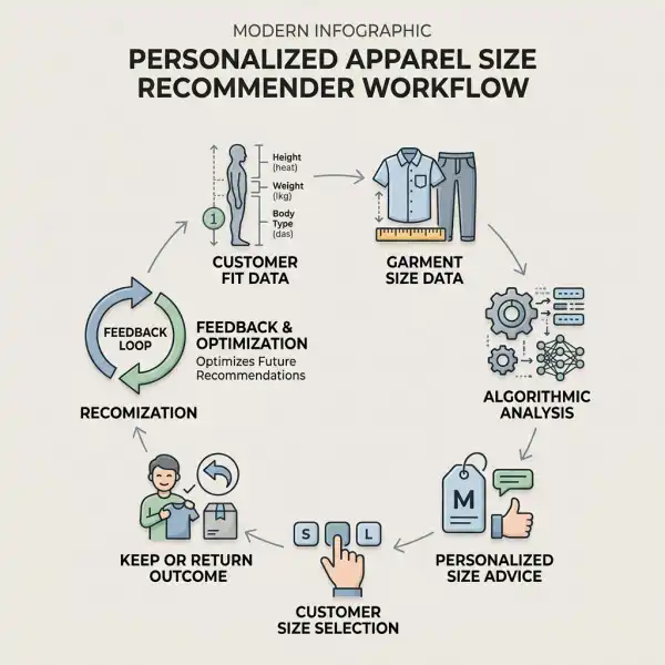 Workflow showing how fit algorithms help reduce apparel returns Workflow showing how fit algorithms help reduce apparel returns