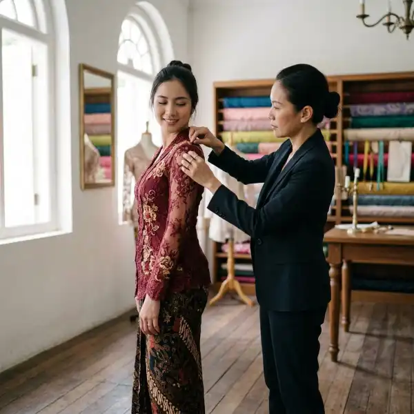 Proses fitting kebaya untuk mengevaluasi kenyamanan dan siluet Proses fitting kebaya untuk mengevaluasi kenyamanan dan siluet