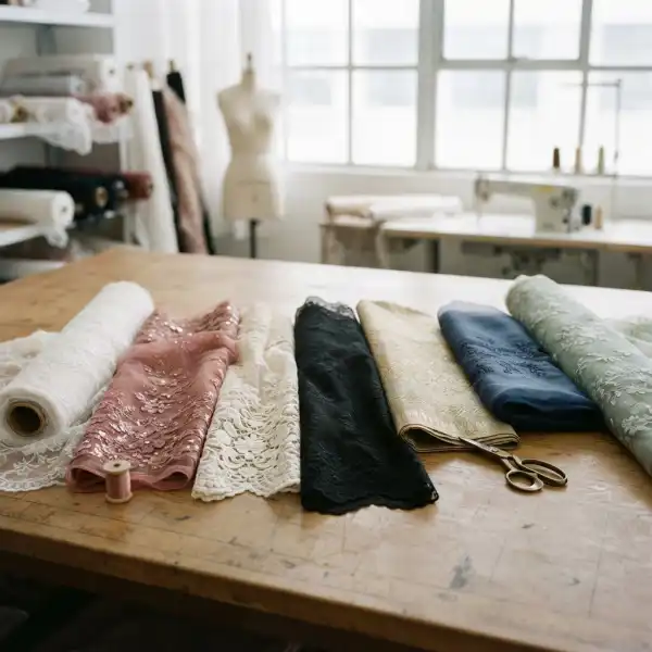 Berbagai bahan kebaya dengan tekstur dan tingkat transparansi yang berbeda Berbagai bahan kebaya dengan tekstur dan tingkat transparansi yang berbeda