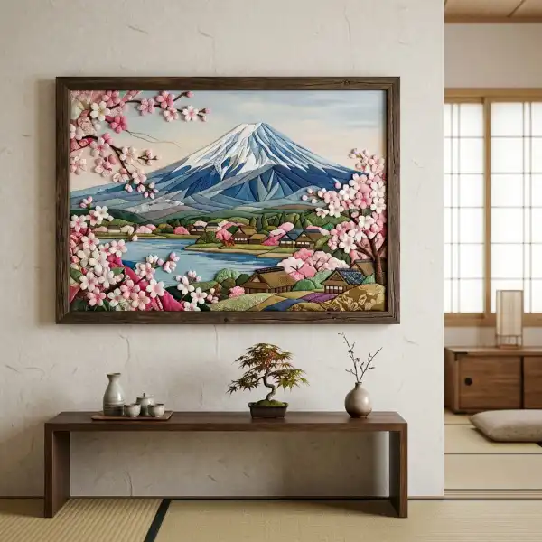 Panel kinusaiga bertema bunga sakura dan Gunung Fuji