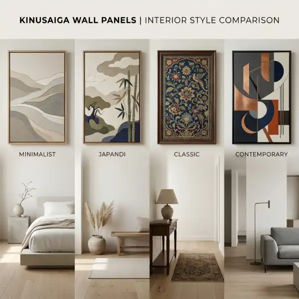 Beberapa panel kinusaiga dengan kombinasi warna berbeda sesuai konsep interior