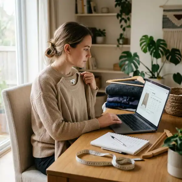 Online fashion shopper comparing clothing sizes before making a purchase Online fashion shopper comparing clothing sizes before making a purchase