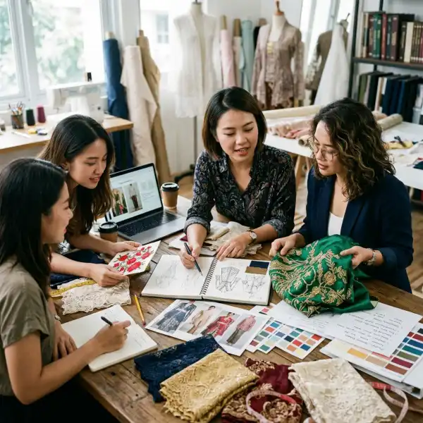 Tim desain mengevaluasi material kebaya modern dalam proses pengembangan koleksi