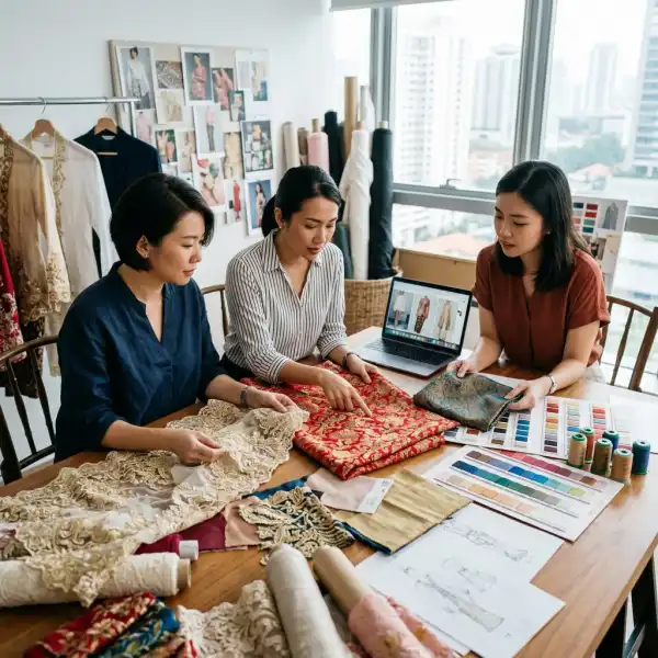 Tim fashion sedang menyeleksi material kebaya modern untuk koleksi baru