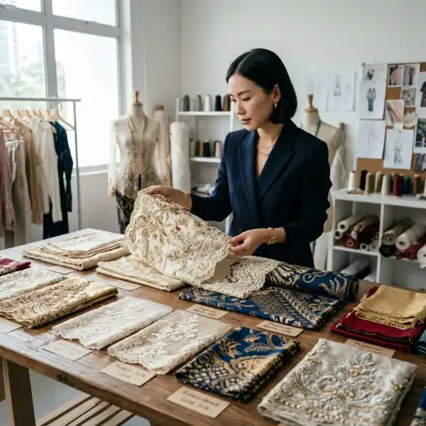 Koleksi bahan kebaya modern di studio desain fashion
