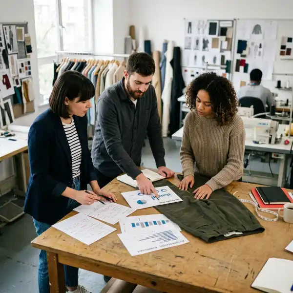 Fashion team analyzing fit comfort reviews returns and garment samples