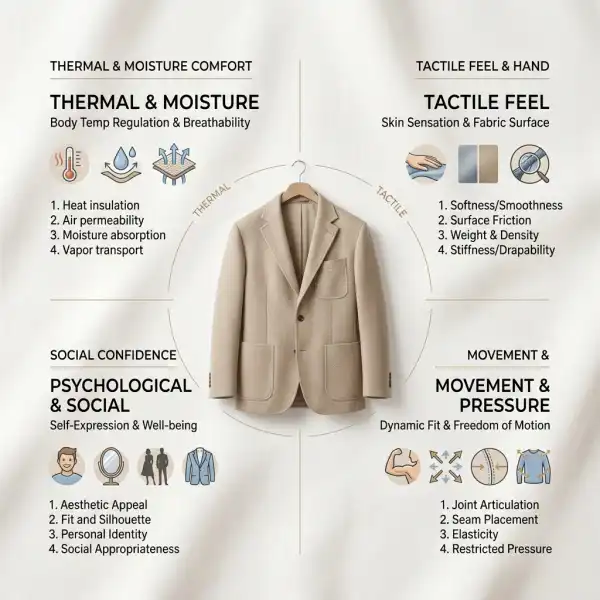Diagram of thermal tactile movement and psychological factors in clothing comfort