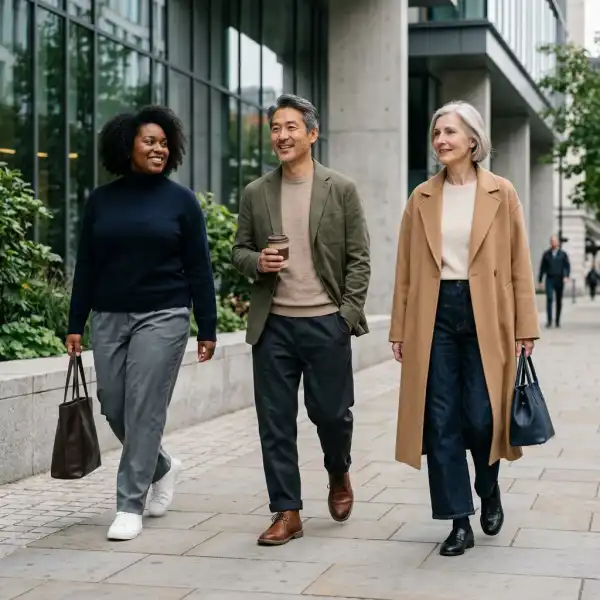 People wearing polished comfort-first outfits in a contemporary urban setting