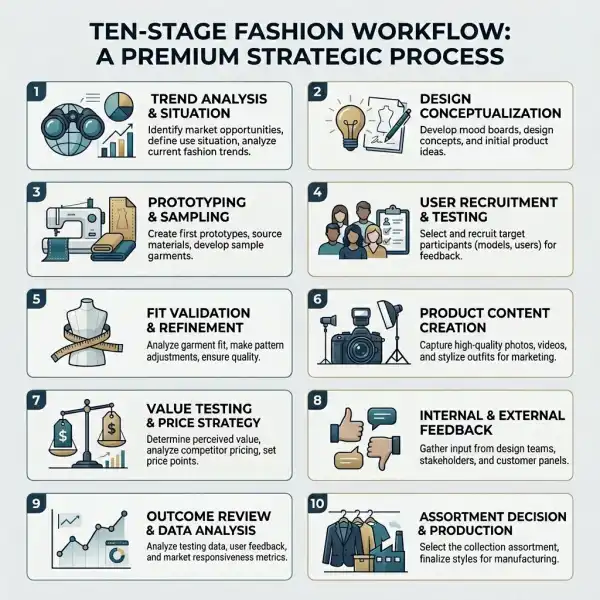 Ten-stage workflow from comfort consumer insight to fashion product decision