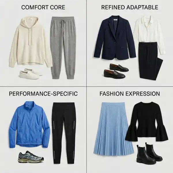 Fashion assortment divided into comfort core adaptable performance and expression products