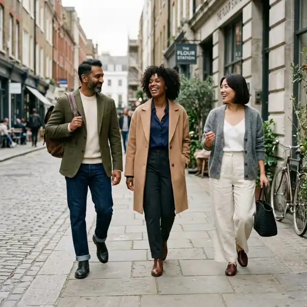 Diverse adults wearing comfortable polished fashion during everyday urban routines