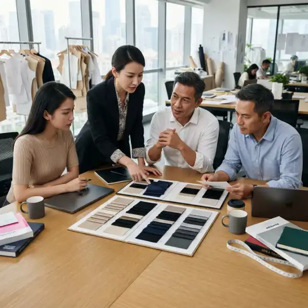 Tim desain dan produksi berdiskusi mengenai pemilihan bahan furing untuk koleksi pakaian