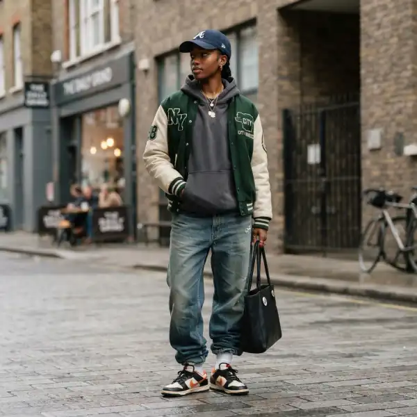 Berbagai elemen utama hip hop fashion seperti hoodie, sneakers, baggy jeans, dan aksesori urban