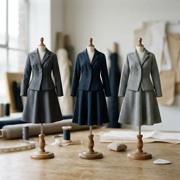 Fashion studio comparison of crisp, fluid, and knitted fabrics forming different silhouettes Fashion studio comparison of crisp, fluid, and knitted fabrics forming different silhouettes